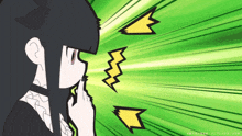 a cartoon of a girl with black hair and yellow arrows