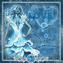 a picture of a woman in a blue dress with the word love in the background