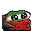 a pixel art of a frog with green eyes and a red body .