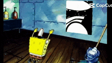 a cartoon of spongebob cleaning the floor with a mop and a picture of a face on the wall