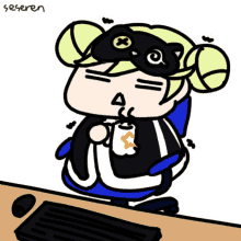 a cartoon of a girl wearing a cat mask and holding a cup of coffee with the word seseren below her