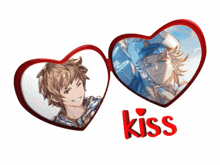 a couple of hearts with the word kiss in red