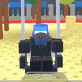 a gorilla wearing a blue hat and bow tie is sitting in a chair in a video game .