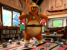 a bear in a yellow hat is standing in a room