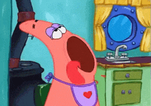 patrick star from spongebob squarepants wearing an apron with a heart on it
