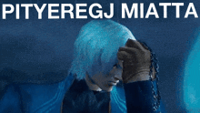 a devil may cry character holding a rosary with the words pityeregj miatta above him