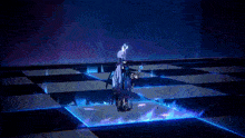 a video game character is standing on a checkerboard floor