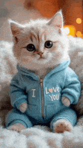 a kitten is wearing a blue sweater that says `` i love you '' .