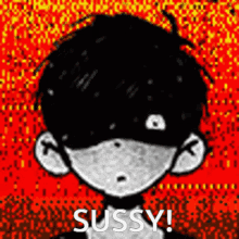 a black and white drawing of a boy with a red background and the words `` sussy '' .
