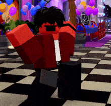 a cartoon character is standing on a checkered floor