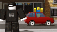 a roblox character with a sign up to change your look shirt standing next to a red car