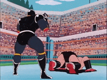 a cartoon of a man in a black suit standing next to another man