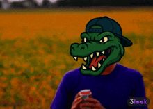 a man wearing a crocodile mask is holding a red bull can