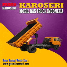 an advertisement for karoseri mobil dan truck indonesia with an orange dump truck on a purple background