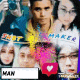 a group of people are standing in front of a sign that says ' man '