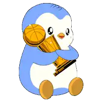 a penguin is holding a trophy and a basketball