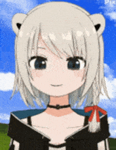 a girl with white hair and blue eyes is wearing a black and white outfit