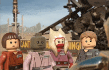 a group of lego figures standing in front of a sign that says cant