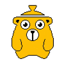 a pixel art drawing of a yellow bear with a hat on