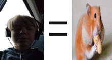 a boy wearing headphones is next to a picture of a hamster eating a cookie