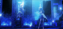 two anime girls are dancing in front of a blue background