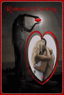 a picture of a woman holding a heart with the words romantic evening