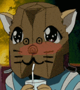 a cartoon cat with a cardboard box on its head drinking milk through a straw