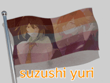 a suzushi yuri flag with a picture of a man and a woman on it