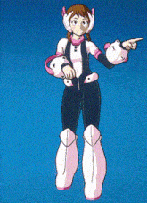 a cartoon of a girl in a pink and white outfit pointing