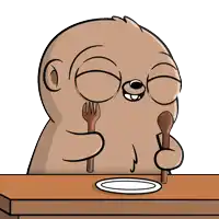 a cartoon sloth is holding a fork and spoon in front of a plate