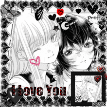 a black and white photo of two anime girls with the words i love you written in red