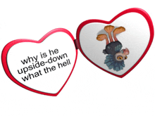 a heart shaped mirror says why is he upside-down what the hell