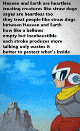 a man in a red and white helmet stands in front of a mountain with a quote about heaven and earth