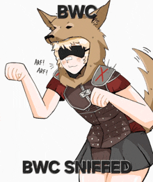 a cartoon of a girl wearing a wolf costume with bwc sniffed written below her