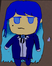 a cartoon drawing of a girl with blue hair