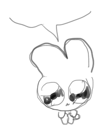 a black and white drawing of a rabbit with a speech bubble