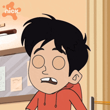 a cartoon of a boy standing in front of a bulletin board that says nick