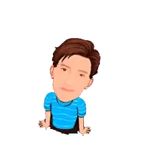 a cartoon of a man in a blue shirt is sitting down