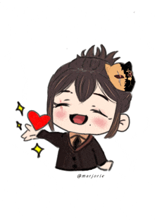 a drawing of a person with a cat on their head holding a red heart