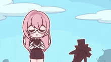a cartoon of a girl with pink hair and glasses holding a heart .