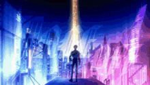 a man is standing in front of a city with a rocket coming out of it