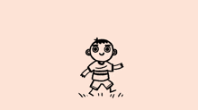 a black and white drawing of a boy in shorts and a striped shirt