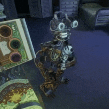 a robot is holding a book in a dark room .