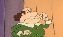 a cartoon character is making a funny face and holding his nose .