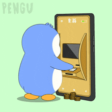 a cartoon of a penguin using an atm machine with the time 9:35