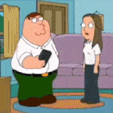 peter griffin is holding a cell phone while talking to a woman in a living room .