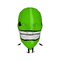 a green mask with a white smile on it 's face