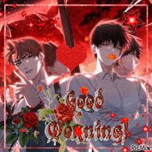 a good morning greeting card with a red heart in the middle