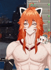 a man with a cat ear on his head is smiling with the words side eyeing below him