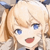 a close up of a blonde anime girl with blue eyes and pigtails with a bandage on her face .